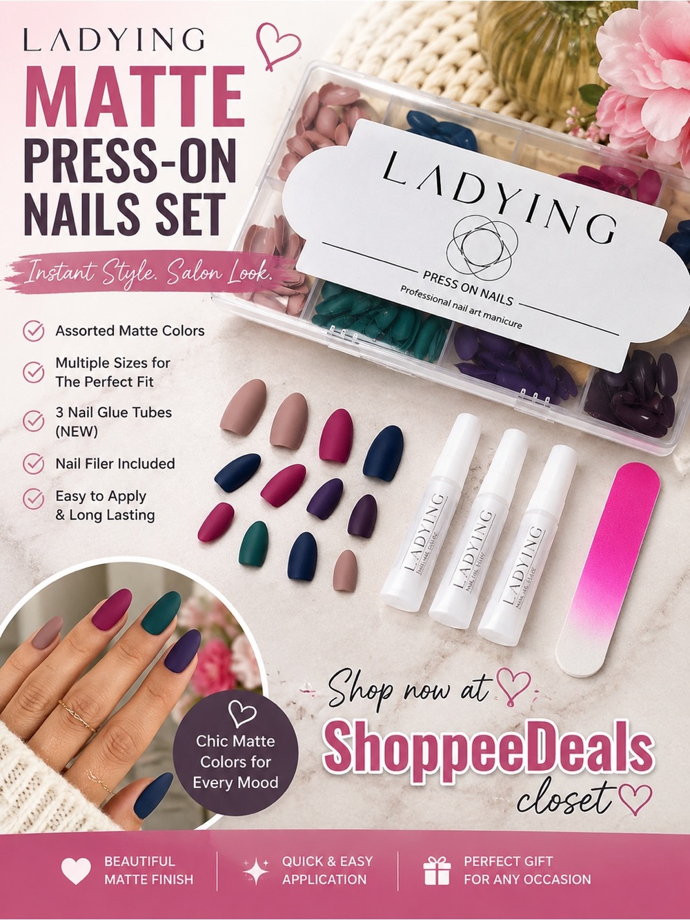 LADYING Matte Press-On Nails Set – Multicolor Manicure Kit